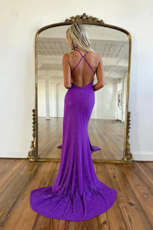 Purple V Neck Backless Mermaid Evening Dress with Side Slit ,DP1239