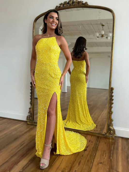 Bright Yellow Sequins Long Prom Dress Evening Party Dress,DP1241