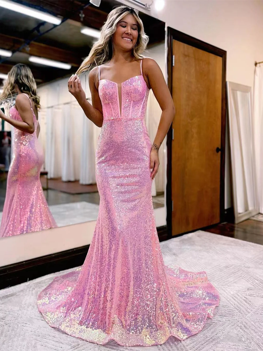 Shiny Pink Spaghetti Straps Sequin Mermaid Long Prom Dress,DP1243