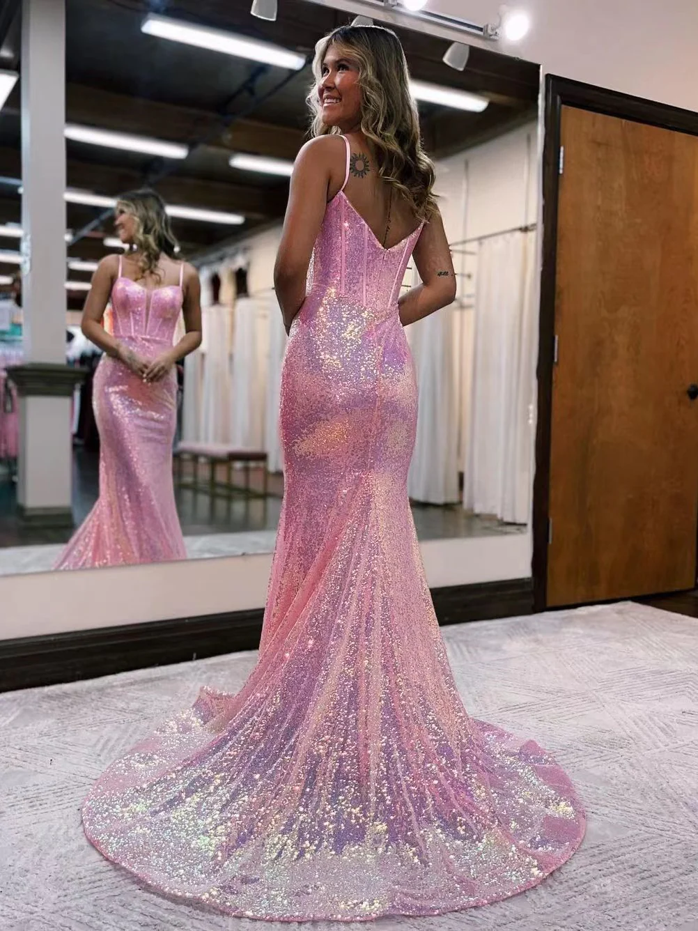 Shiny Pink Spaghetti Straps Sequin Mermaid Long Prom Dress,DP1243