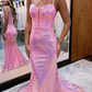 Shiny Pink Spaghetti Straps Sequin Mermaid Long Prom Dress,DP1243