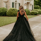 Black Deep V-neck Tulle A-line Long Prom Dress Evening Gown with Slit,DP1244