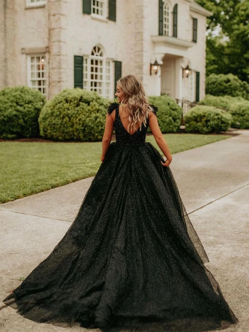 Black Deep V-neck Tulle A-line Long Prom Dress Evening Gown with Slit,DP1244