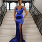 Royal Blue Backless Satin Mermaid Long Evening Party Dress with Slit,DP1248