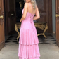 Pink A-Line Ruffles Layers Long Prom Dress Wedding Guest Dress,DP1249