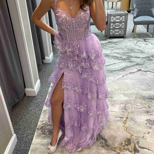 Lilac Straps Appliques Sequined Layers Long Prom Dress with Slit,DP1250