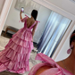 Tie Straps Plunging Neck Pastel Pink Tiered Long Prom Dress,DP1253