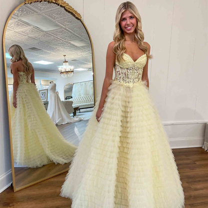 Sweetheart Yellow Lace Tulle Tiered Long Prom Dress with Slit,DP1255