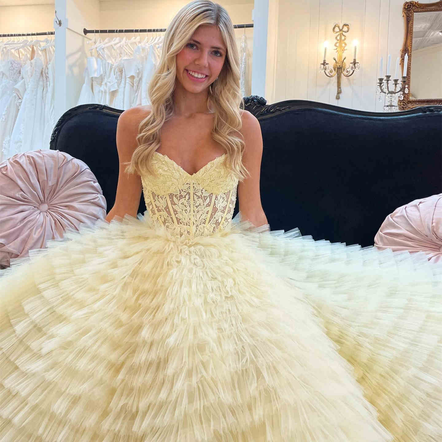 Sweetheart Yellow Lace Tulle Tiered Long Prom Dress with Slit,DP1255