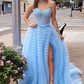 Sweetheart Yellow Lace Tulle Tiered Long Prom Dress with Slit,DP1255