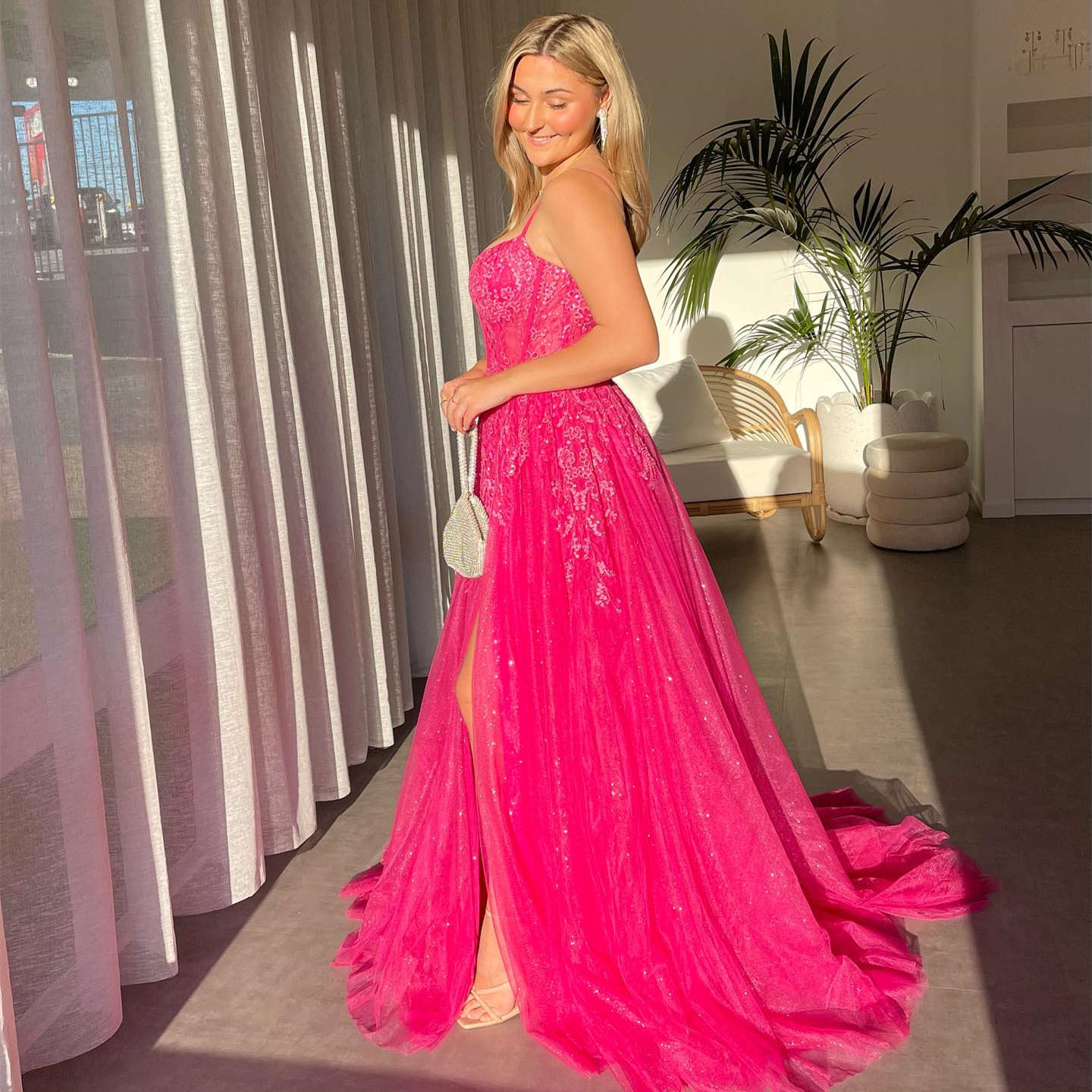 Hot Pink Spaghetti Straps A-Line Long Prom Dress with Appliques,DP1256