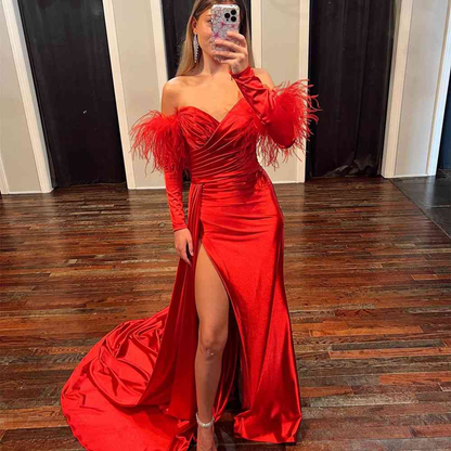 Red Satin Strapless Detachable Sleeves Long Prom Dress with Feather,DP1257