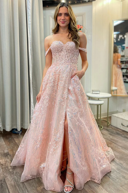 Pink Off-The-Shoulder A-Line Tulle Appliques Sequined Long Prom Dress,DP1258