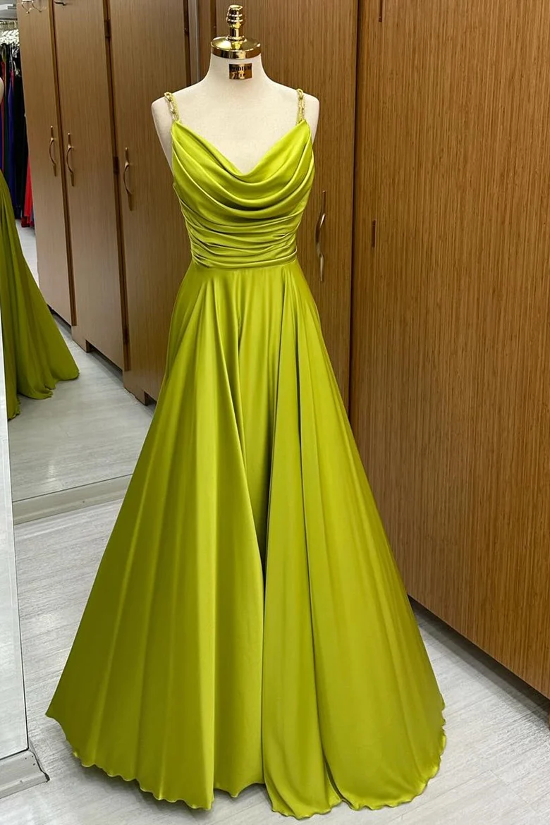 Green Satin A-Line Pleats Straps Long Prom Dress Wedding Guest Dress,DP1262