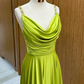 Green Satin A-Line Pleats Straps Long Prom Dress Wedding Guest Dress,DP1262