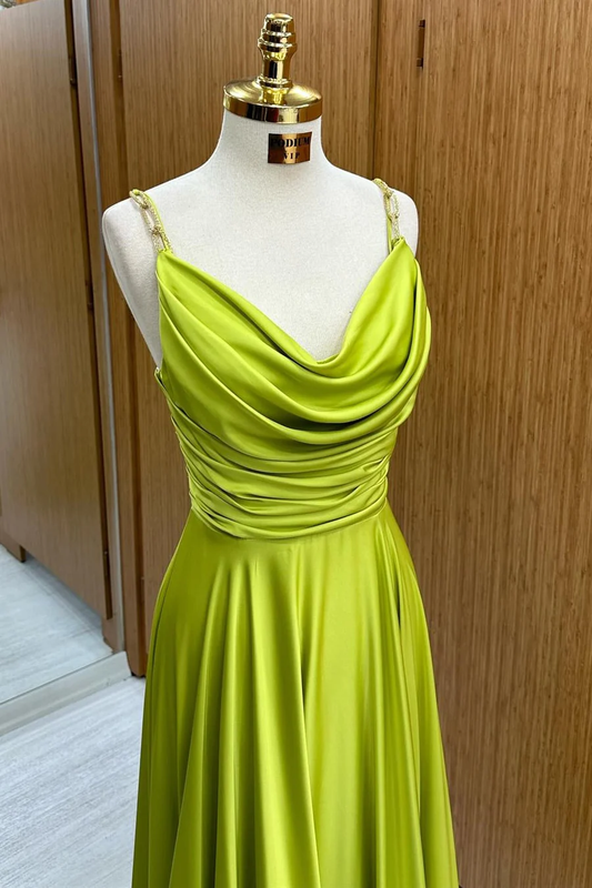 Green Satin A-Line Pleats Straps Long Prom Dress Wedding Guest Dress,DP1262