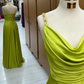 Green Satin A-Line Pleats Straps Long Prom Dress Wedding Guest Dress,DP1262