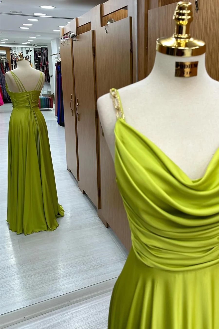 Green Satin A-Line Pleats Straps Long Prom Dress Wedding Guest Dress,DP1262