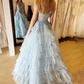 Light Blue Off Shoulder Tulle Tiered Appliques Long Prom Dress Ball Gown,DP1263