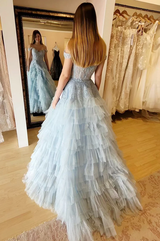 Light Blue Off Shoulder Tulle Tiered Appliques Long Prom Dress Ball Gown,DP1263