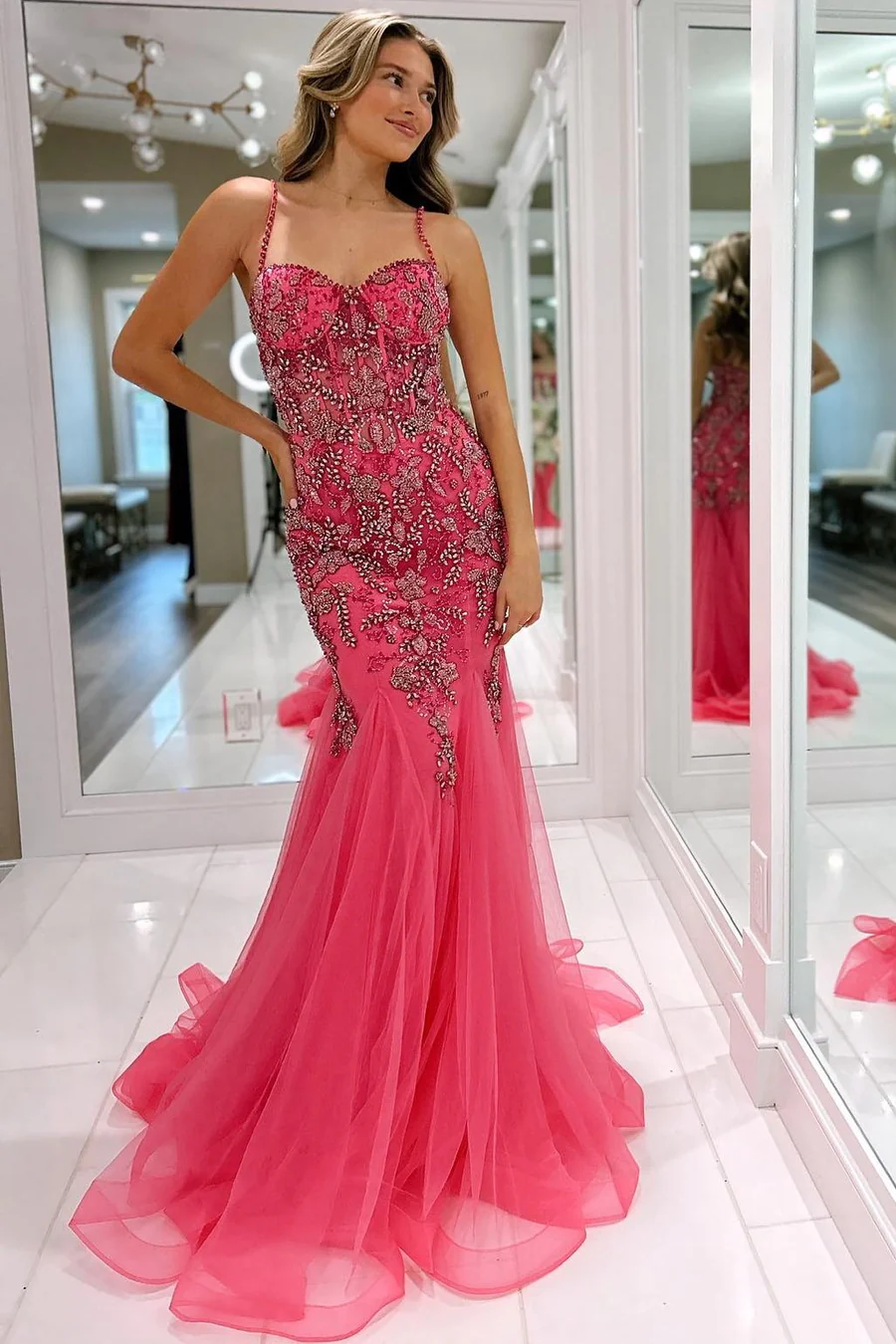 Gorgeous Tulle Beading Mermaid Spaghetti Straps Long Evening Dress ,DP1264