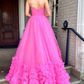 Hot Pink Sweetheart A-Line Tulle Tiered Long Prom Dress Evening Gown,DP1267