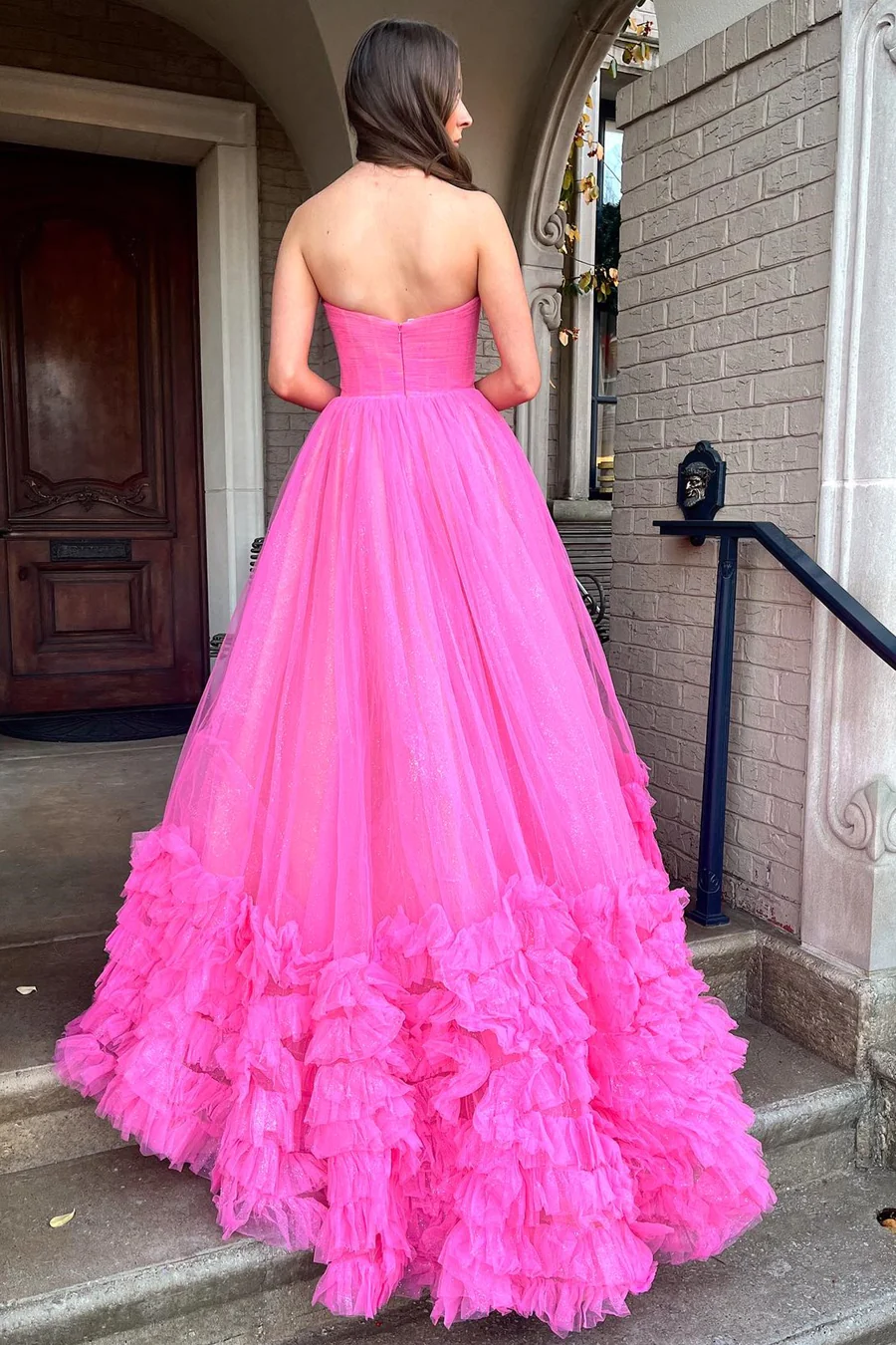 Hot Pink Sweetheart A-Line Tulle Tiered Long Prom Dress Evening Gown,DP1267