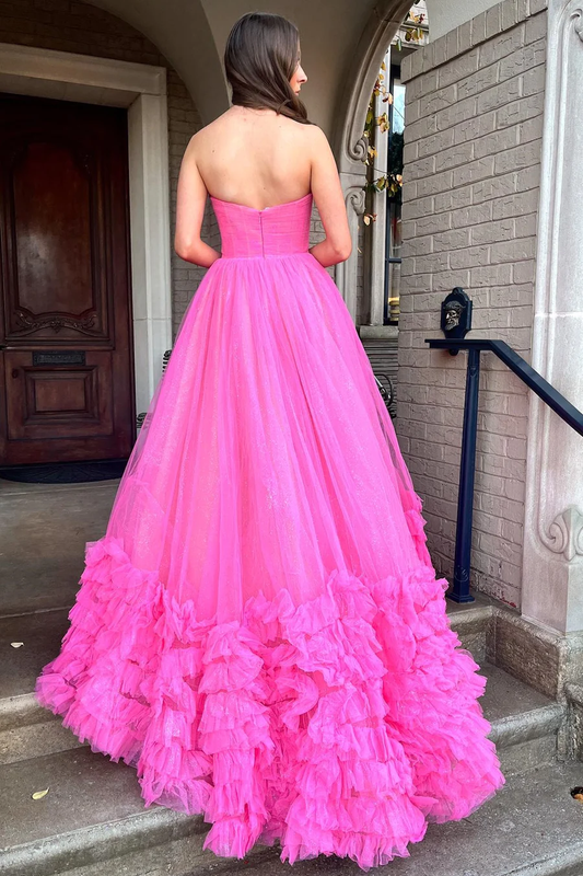 Hot Pink Sweetheart A-Line Tulle Tiered Long Prom Dress Evening Gown,DP1267