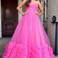 Hot Pink Sweetheart A-Line Tulle Tiered Long Prom Dress Evening Gown,DP1267