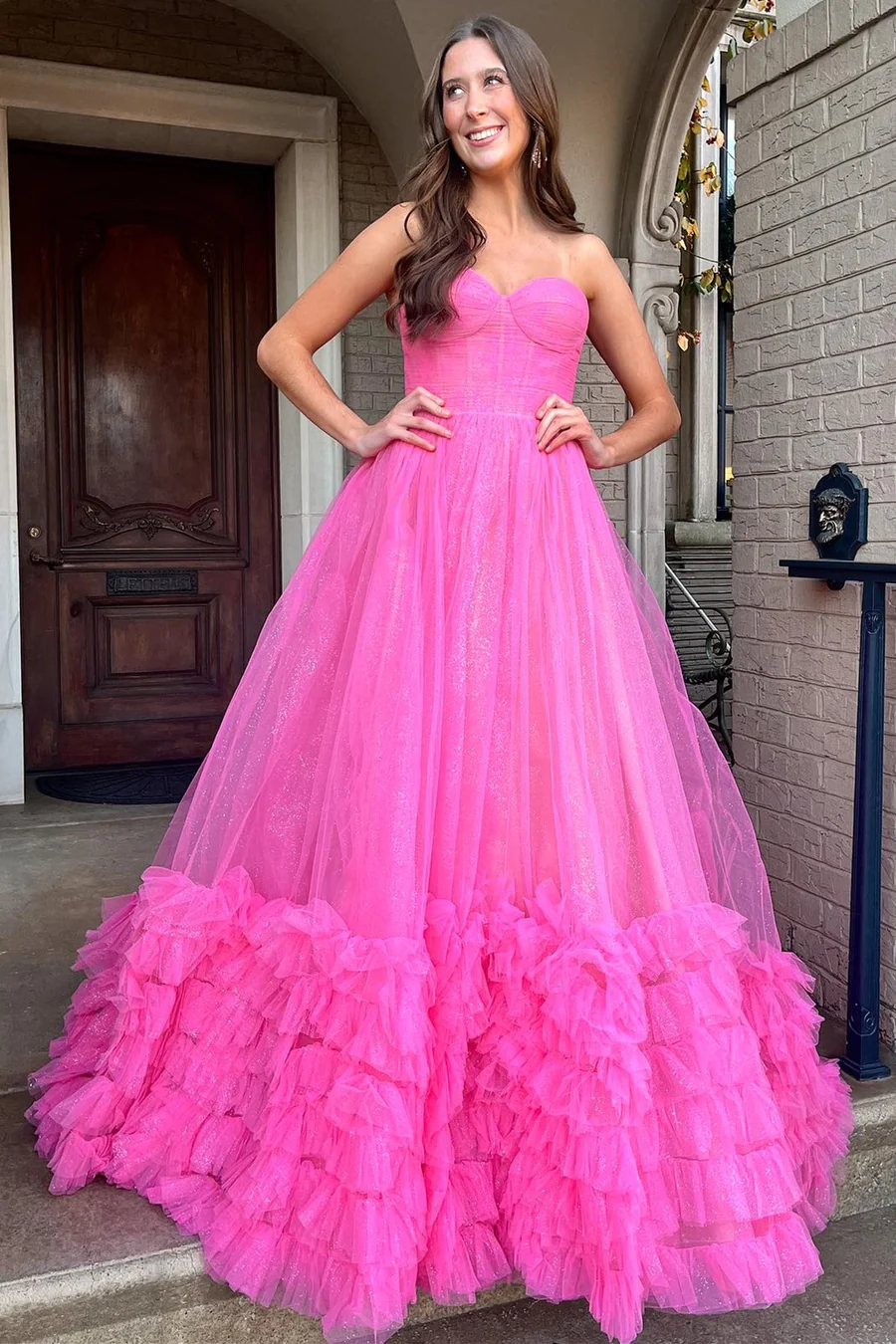 Hot Pink Sweetheart A-Line Tulle Tiered Long Prom Dress Evening Gown,DP1267