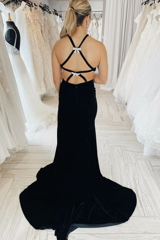 Black Charming Bow Halter Backless Long Party Dress,DP1268