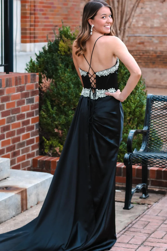 Black V Neck Beading Satin Backless Long Party Dress Evening Gown,DP1269