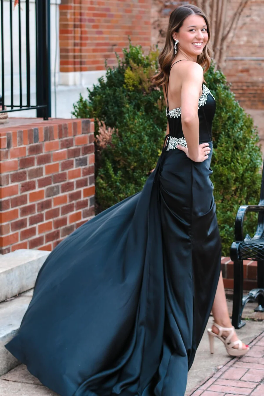 Black V Neck Beading Satin Backless Long Party Dress Evening Gown,DP1269