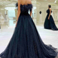 Dark Teal A-Line Shiny Tulle Long Prom Dress with Feather,DP1270