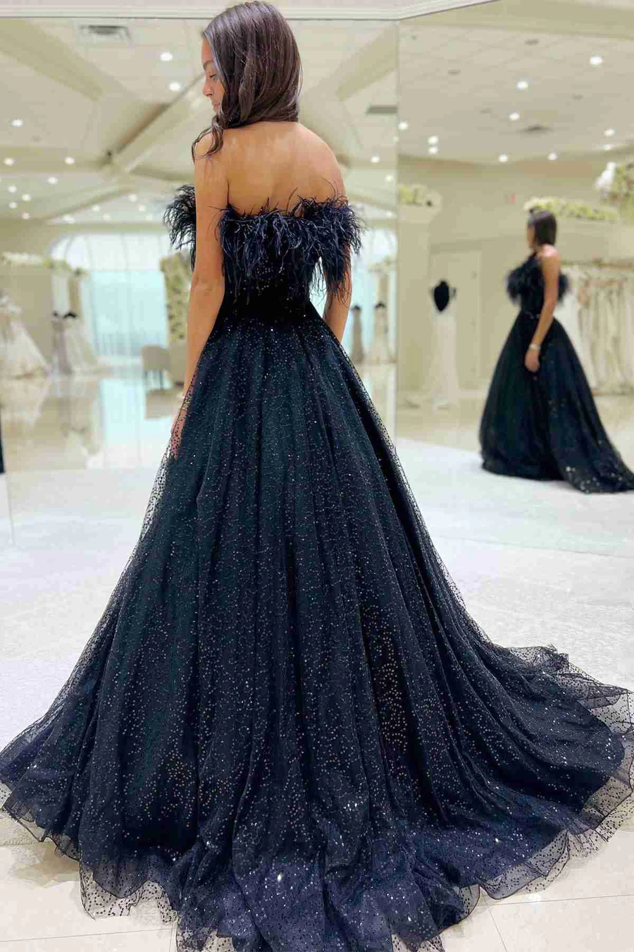 Dark Teal A-Line Shiny Tulle Long Prom Dress with Feather,DP1270