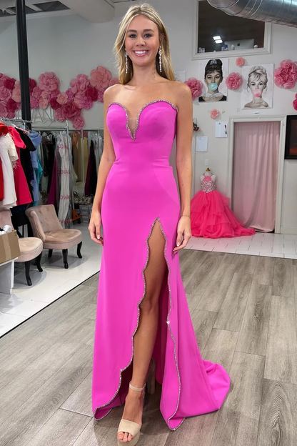 Fuchsia Sweetheart Beaded Long Prom Dress with Slit,DP1271