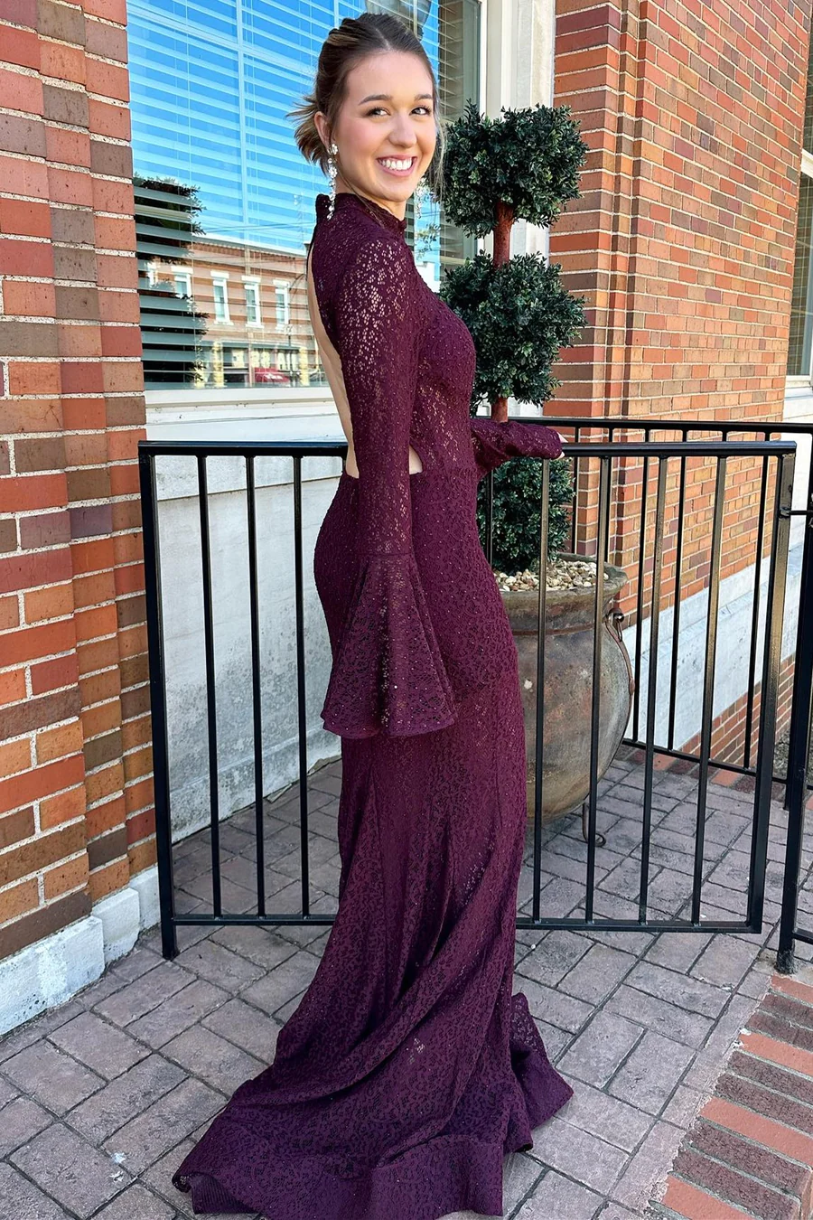 Dark Purple Long Sleeves Backless Mermaid Formal Party Dress,DP1273