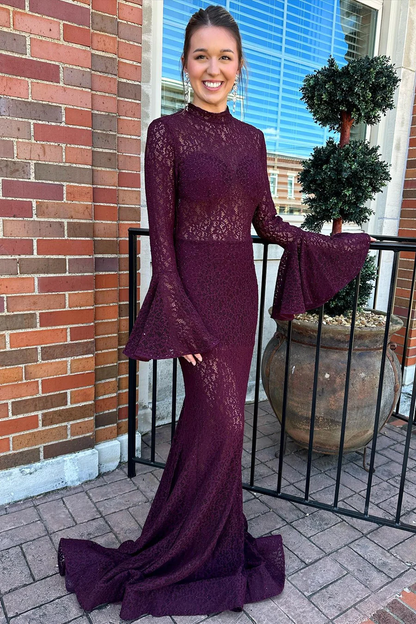 Dark Purple Long Sleeves Backless Mermaid Formal Party Dress,DP1273