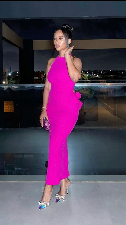 Fuchsia Halter Ankle Length Mermaid Evening Party Dress,DP1276