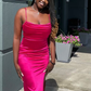 Fuchsia Straps Satin Black Girl Bridesmaid Dress Evening Party Dress with Slit,DP1278