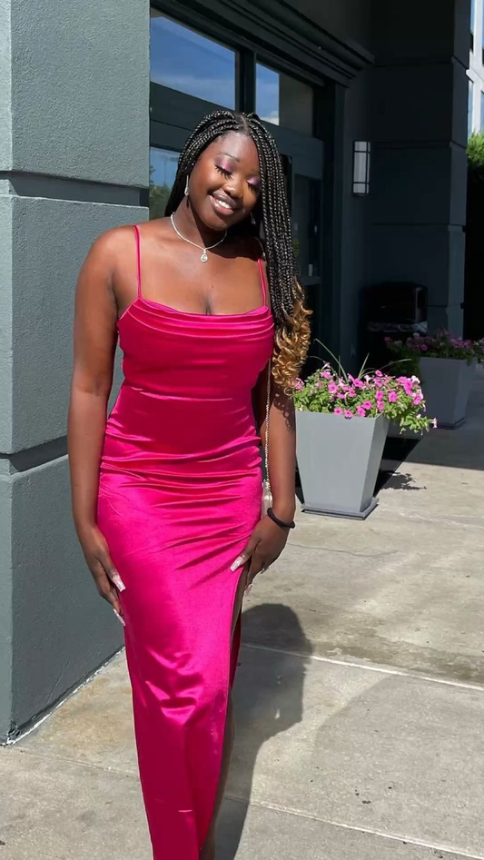 Fuchsia Straps Satin Black Girl Bridesmaid Dress Evening Party Dress with Slit,DP1278