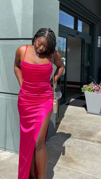 Fuchsia Straps Satin Black Girl Bridesmaid Dress Evening Party Dress with Slit,DP1278