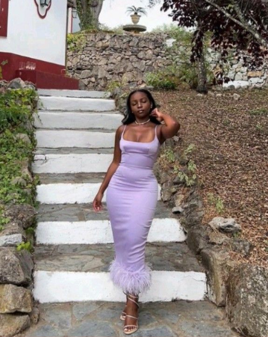 Lilac Spaghetti Straps Sheath Ankle Length Party Dress with Feather,DP1279