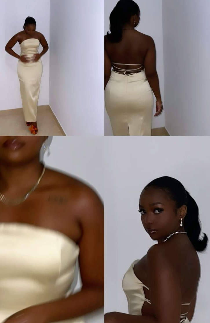 Ivory Satin Strapless Backless Simple Evening Party Dress with Slit,DP1280