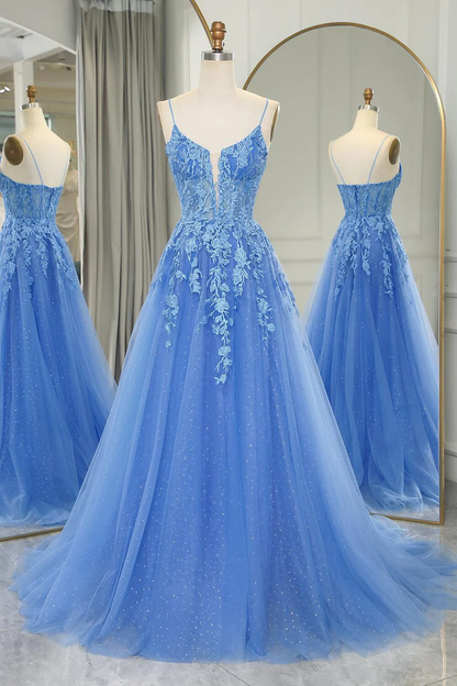 Blue A-Line Straps Lace Appliques Long Prom Dress Formal Party Dress,DP1282