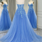 Blue A-Line Straps Lace Appliques Long Prom Dress Formal Party Dress,DP1282