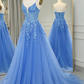 Blue A-Line Straps Lace Appliques Long Prom Dress Formal Party Dress,DP1282