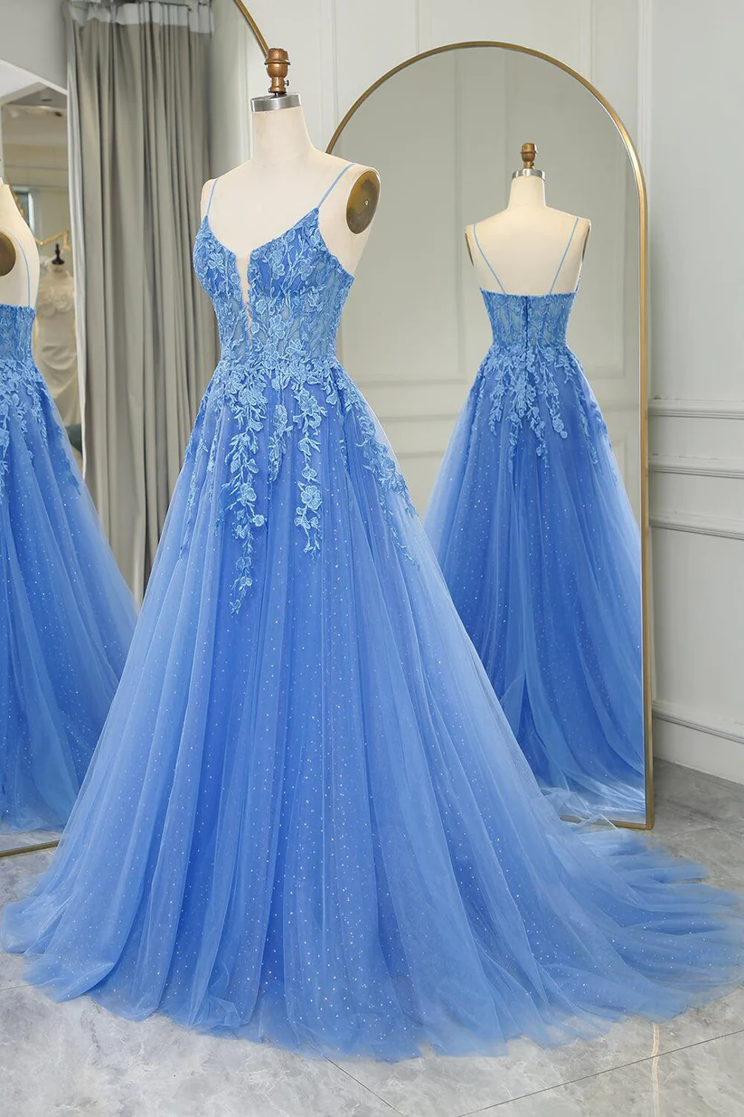 Blue A-Line Straps Lace Appliques Long Prom Dress Formal Party Dress,DP1282