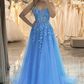 Blue A-Line Straps Lace Appliques Long Prom Dress Formal Party Dress,DP1282