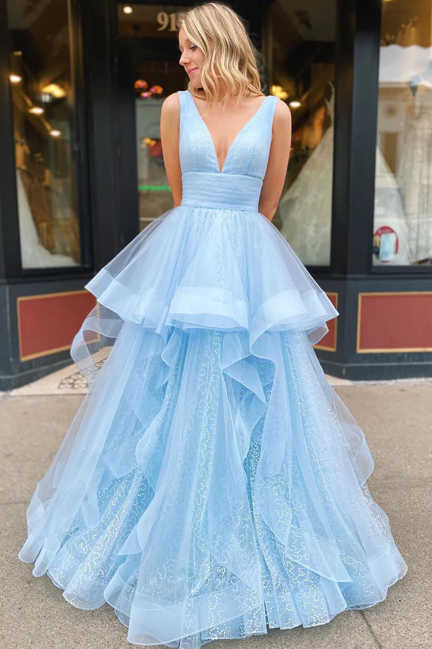 Light Blue V Neck Tulle Layers A-Line Long Prom Dress Formal Party Dress,DP1284